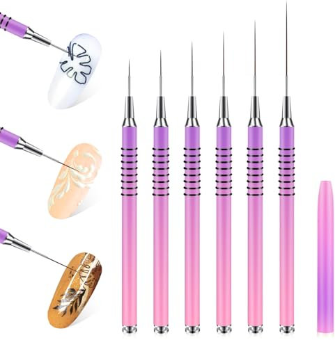 6 Pcs Fine Nail Art Brush, Nail Brushes for Gel Nails, Thin Nail Brush for Long Lines, Details, Fine Drawing, 7mm/9mm/11mm/20mm/25mm