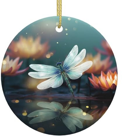 Libelle mit Seerose, Weihnachtsschmuck, Weihnachtsbaum, zum Aufhängen, Basteln, runde Keramik-Ornamente mit goldfarbenem Band, personalisierter Weihnachtsbaumschmuck, Heimschmuck für Weihnachtsbäume