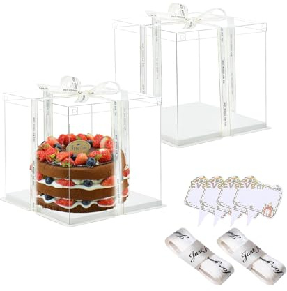 Vebetter 2 Stück Tortenschachtel Tortenkarton 17 * 17 * 18cm Tortenbox Cake Box Transparent Torten Transportboxen Geschenkbox Durchsichtig mit Weiß Sockel, Band, kleine Karte für Geburtstag Dessert.
