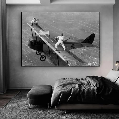 BMGKYAGL Poster 'Tennis spielen im Flugzeug', Druck auf Leinwand, Wandkunst, Schwarz-Weiß, Vintage-Kunst, Heimdekoration, 70 x 100 cm, rahmenlos