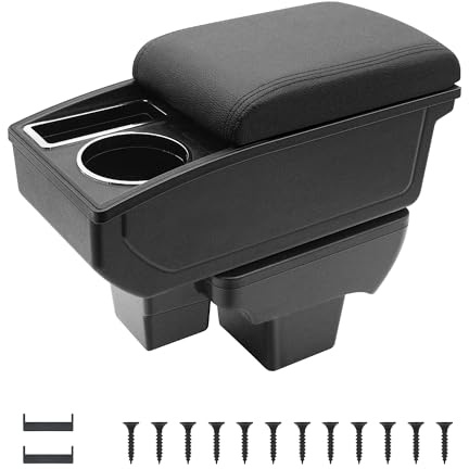 KAERGK Car Armrest Box Compatible With VW Polo Vento 2019-2024 | Double-Decker Storage Space, with Cup Holders, Easy to Assemble, Adjustable, PU Leather, Black Line