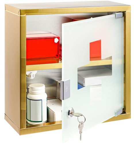 Timgle First Aid Wall Cabinet with Lock Medicine Cabinet Wall Mounted Bathroom Storage Hanging Medical Cabinet with Safety Glass Door for Bathroom Locker Room(2 Shelves,Light Gold)