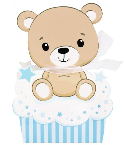 24pz Scatoline Portaconfetti Bambini Bomboniere Battesimo Nascita Compelanno Blu Forma Orsetto con Cupcake Nastro Scatole Regalo Decorazione Confetti per Festa Battesimo Nascita Compleanno