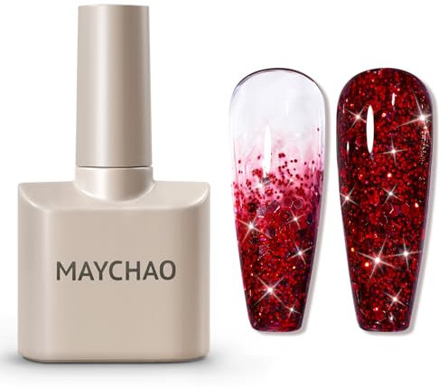 MAYCHAO 15ML Glitter Gel Nail Polish, Red Glitter Gel Polish Soak Off UV LED Nail Polish Nail Art Starter Manicure Salon DIY at Home, 0.5 OZ