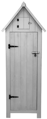 Wooden Garden Storage Shed Grey Tool Organiser Cabinet Beach Hut Sentry Box Lockable Doors 3 Corner Shelves 4 Door Hooks Roof Hatch Padlock 4 Keys Ground Fixing Kit Screw Covers Fir Wood Asphalt Roof