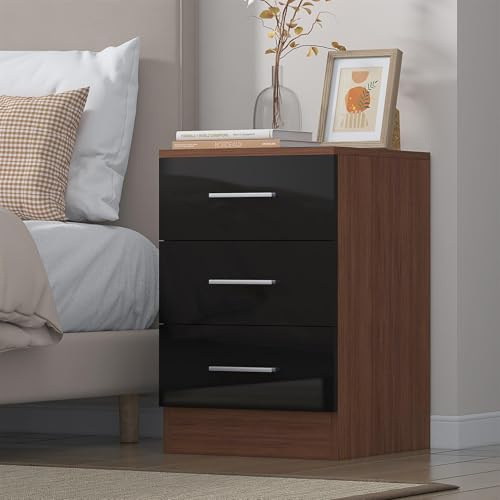 Reflect 3 Drawer Bedside Table | Black Gloss & Walnut | Modern Nightstand for Bedroom Storage | H: 59.5cm x W: 39.5cm x D: 38cm
