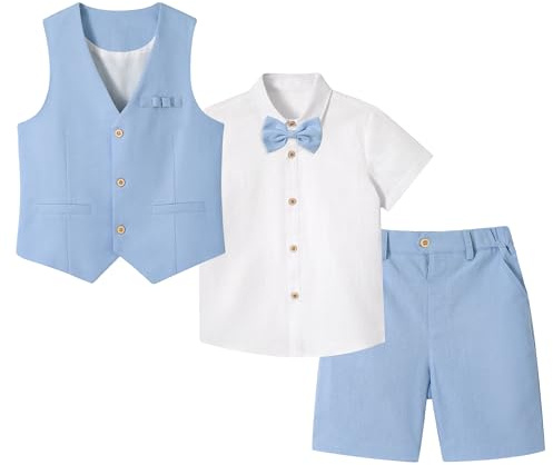 LOLANTA 4 pièces Costume Garcon Mariage Ete, Tenue Enfant Garcon Ceremonie, Vêtement Baptême Anniversaire Garçon Page, Ensemble Costume Short Lin Gile Chemise avec nœud Papillon