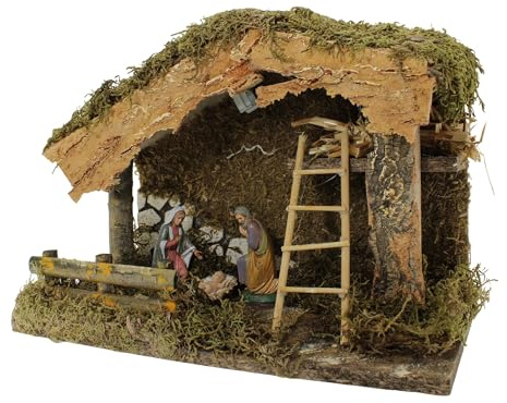 Moranduzzo Krippenhütte 33 x 18 x 23 cm – Kunsthandwerk aus Holz mit Moos und Rinde – Krippe 6 Motive 10 cm inklusive – offizielles Produkt, Made in Italy, Bildhauer M. Landi