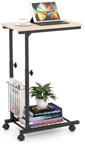 COSTWAY Beistelltisch mit Rollen, Laptoptisch höhenverstellbar, mit Aufbewahrungskorb, Sofatisch C-Form, Betttisch Industrial, Metallrahmen, 50 x 30 x 80 cm (Natur)
