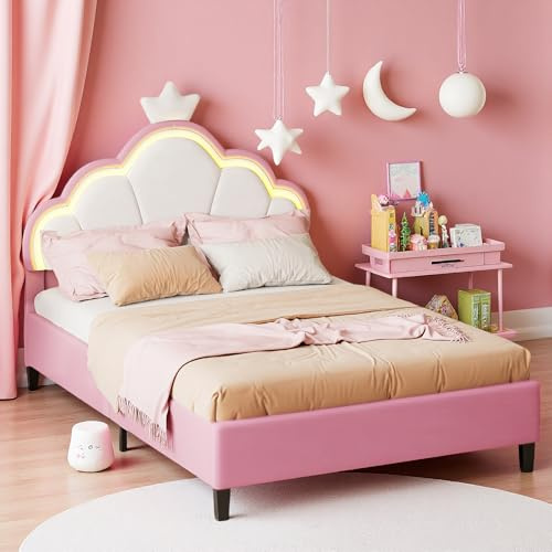 Letto 90 x 200 cm, letto per bambini e bambine con testiera a LED regolabile e rete a doghe con telaio per letti singoli per bambini e adolescenti, velluto, senza materasso (rosa, 90 x 200 cm)