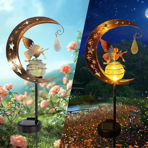 YZYOE Sonnenbetriebte Mondblume Fee Kristall Lampe, Garten Dekoration Eisen schöne Fee Kristall Bodenluchte, drahtlose Sonnenuntergang bis zum Morgendämmerung LED-Lampe wasserdicht.