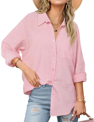 Cicy Bell Blusen Damen Oversized V-Ausschnitt Hemdbluse Langerm Locker Shirts Einfarbig Baumwolle Button Down Oberteil Casual Tops