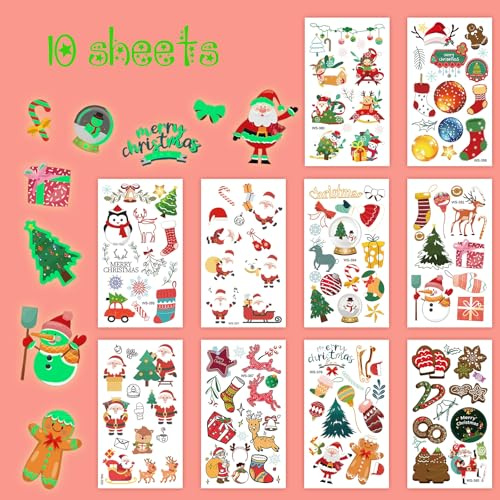 DERAYEE 10 Sheets Luminous Christmas Temporary Tattoos, Glow in The Dark Tattoos Stickers Christmas Stocking Fillers for Boys and Girls Christmas Party Favors
