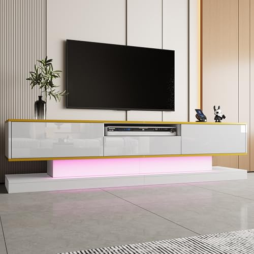 Soweiz Moderno mueble para TV con tres cajones y un compartimento abierto, brillante, con luces LED que cambian de color, 180 x 38 x 45 cm (blanco)