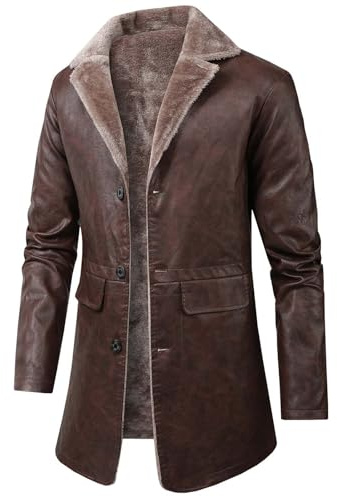 Darringls Herren Vintage Ledermantel Mit Fellkragen Business Kurzmantel Mantel Lange Kunstlederjacke Winter Pu Mantel Mit Pelzkragen Dicke Trenchcoat Winter Jacke Herrenmantel