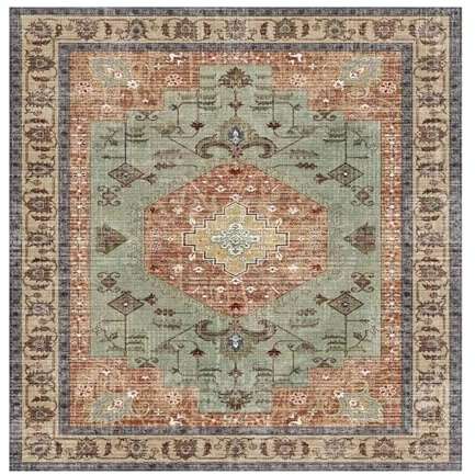 VARIKASHOM Teppich Quadratisch,Vintage Orientalisches Rot Rostfarbenes Home Office Dekor, Grün, 150 x 150 cm, Carpet Living Room Couchtisch Sofa Wohnzimmerteppich Waschbar Matte