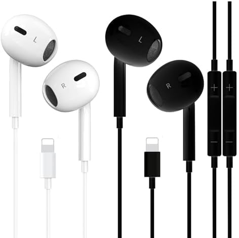 Confezione da 2 auricolari con cavo per iPhone, compatibili con iPhone 14/13/12/11/XR/XS/X/8/7/SE/Pro/Pro Max (nero e bianco)