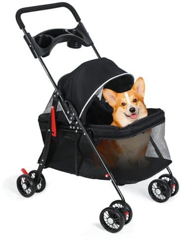 2in1 Hundewagen bis 15 kg, Hundebuggy und Pet Stroller klappbar mit Getränkehalter, Transporttasche, Feststellbremse, Bollerwagen für Hunde, 48 × 68 × 95 cm