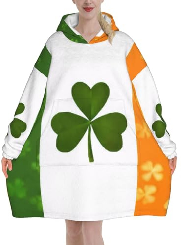 Irish Flag Print Oversized Blanket Hoodie Sweatshirt, Wearable Flannel Blanket Hoodies For Women And Men, Super Soft And Warm Cozy With Big Pockets