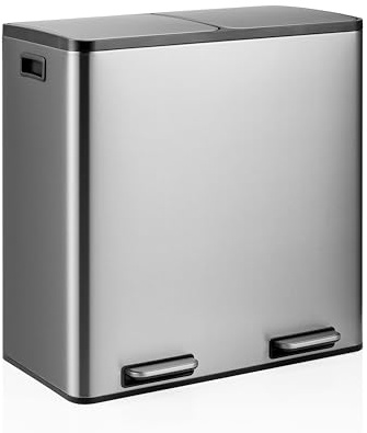 hjh OFFICE Cubo de basura doble 2 x 30L Clean 13 S | Cubo de basura de acero inoxidable, sistema de separación de basura con 2 compartimentos, tapa de cierre suave, marco de plástico, color plateado