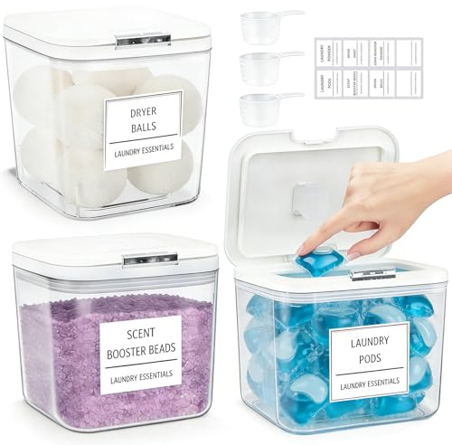 Domigard Contenedor Detergente en Polvo con Tapa Hermética, 3 Piezas | Organizador PET 4L+2.5Lx2 transparente, sello hermetico, dosificador y 8 etiquetas, Para capsulas y suavizante en lavadero