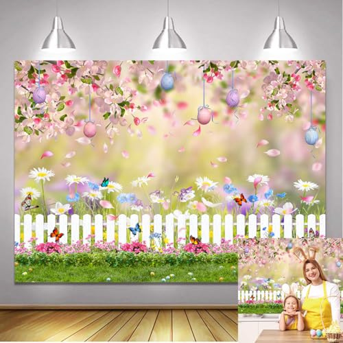 Spring Easter Backdrop for Photography Background 2.1x1.5m Happy Easter Decoration Banner Spring Garden Courtyard Lawn Floral Photo Backdrop Kids Birthday Baby Shower Easter Decoration Studio Props