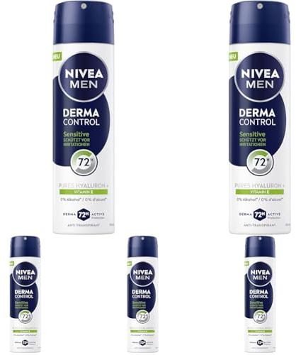 NIVEA MEN Derma Control Sensitive Deo Spray (150 ml), Anti-Transpirant mit purem Hyaluron für 72h zuverlässigen Schutz, pflegendes Deodorant ohne Ethylalkohol (Packung mit 5)