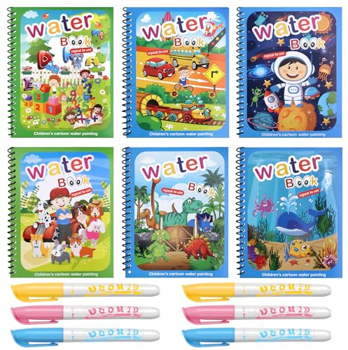 MOSTFUN 6 Pièces Livre de Dessin Magique de L'eau, Livre de Peinture à l'eau Réutilisable avec Stylo Leau, Livre de Coloriage Magique à Leau pour Enfants Education Dessin