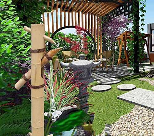 Bambus Wasserbrunnen, Japanischer Zen Garten Teich Dekoration mit Pumpe, Wasserspiel Schaukelpumpe Landschaft für ruhigen Platz im Freien