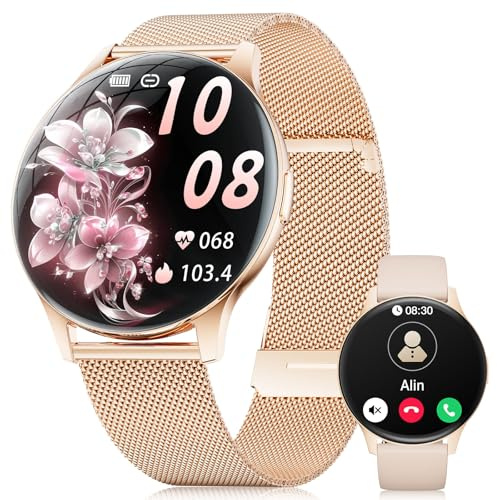 DREMAC Amoled Smartwatch Damen-Telefonfunktion,Herzfrequenz,Schlafmonitor | 1,43 Zoll Rund Fitnessuhr Damen mit 100+ Sportmodi, SpO2,IP68 Wasserdicht Sportuhr, Schrittzähler für Android iOS,Roségold
