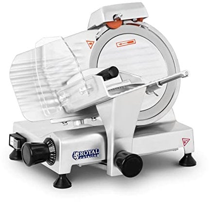 Royal Catering Trancheuse À Jambon Saucisson Multi-Usage Universelle RCAM-220PRO (Lame ø 220 mm, Puiss. 120 W, Tranches 0-12 mm, Vitesse 300 tr/min, Affûteur Intégré, Boîtier Aluminium Poli Anodisé)
