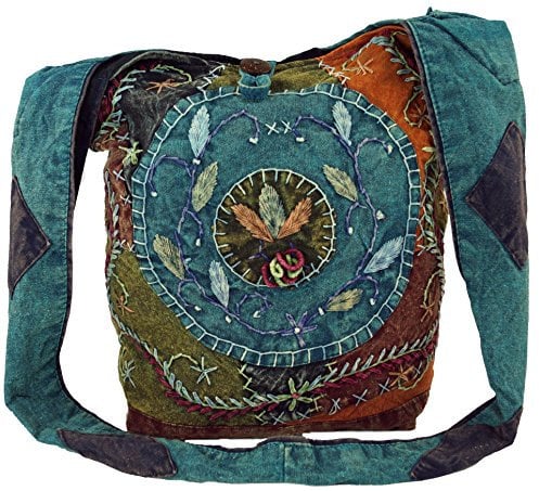 GURU SHOP Batik Sadhu Bag, Hippie Tasche, Goa Schulterbeutel - Petrol, Unisex - Erwachsene, Baumwolle, 30x30x20 cm