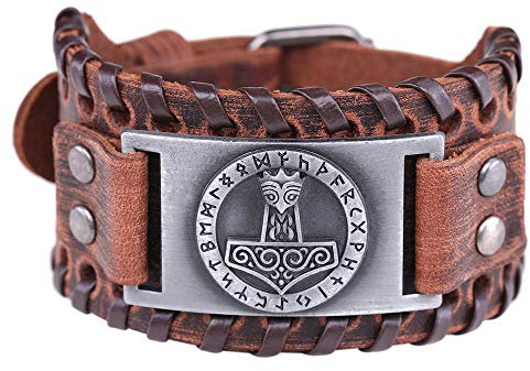 VASSAGO Vintage Amulett gotischen nordischen Mythos Thors Hammer Wikinger Runen keltischen Irish Knot braun Leder Gürtelschnalle Armband (braunes Leder, antikes Silber)