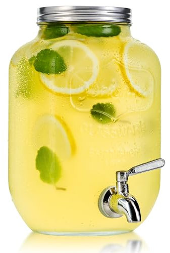 Distributeur de boisson en verre de 2 litres avec bec en métal – Yorkshire Mason Jar Verrerie avec large ouverture couvercle en métal – Idéal pour le thé au soleil, le thé glacé, la fermentation