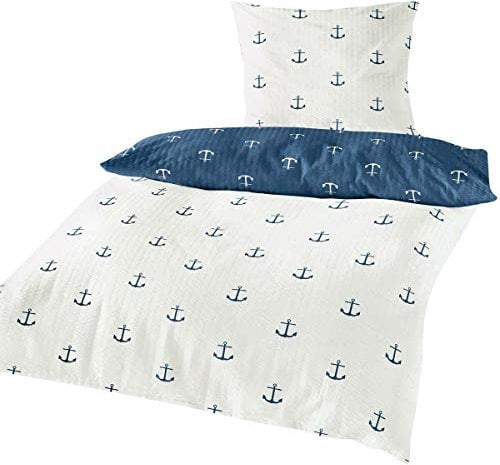 Traumschlaf Seersucker Wendebettwäsche • Sommer Bettwäsche aus 100 % Baumwolle • Maritimes Anker-Motiv Blau Weiß • Bügelfrei & Atmungsaktiv • Pflegeleicht •