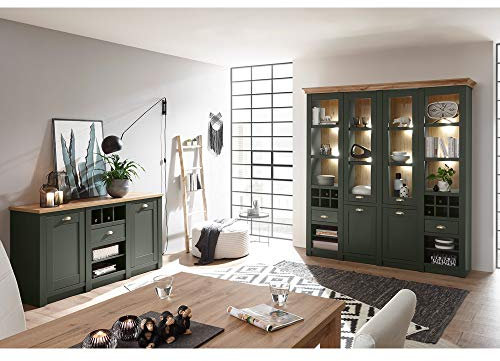 Lomadox Landhaus Wohnmöbel Esszimmermöbel Set, englisch grün mit Wotaneiche, Buffetschrank und Anrichte, mit Beleuchtung