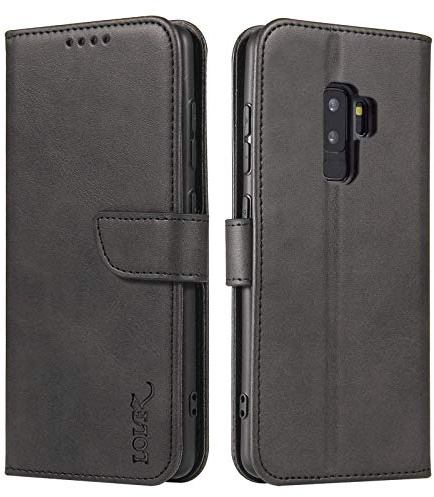LOLFZ Wallet Case for Samsung Galaxy S9, Vintage Leather Book Case with Card Holder Kickstand Magnetic Closure Flip Case Cover for Samsung Galaxy S9 - Black