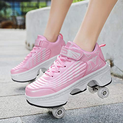 ZKHD Verformungsrollschuhe Für Frauen Männer Turnschuhe Schuhe Versenkbare Skateboard-Rollerblades Sport im Freien Technische Skateboard-Schuhe,Pink-EU36