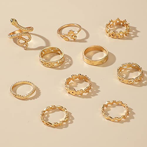 10 Stück/Sets Rose Flowers Gold Schlange Ring Sets Für Frauen Männer Charm Star Hollow Geometric Snake Bohemian Jewelry Geschenk
