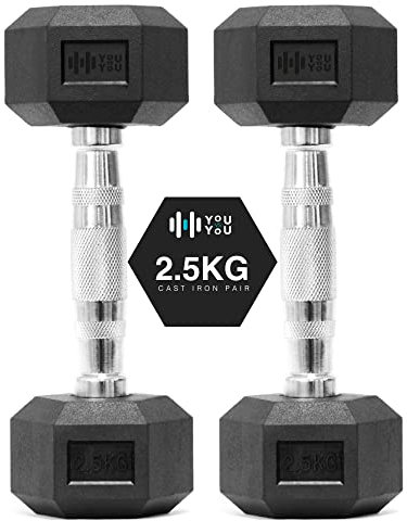 You vs You Hex Dumbbells Weights Pair for Home Exercise | 2.5kg Set of 2 Hexagonal Weight Rubber Encased for Home Fitness Gym Workouts Training Muscle Building & Conditioning | Unisex | Strength Fit