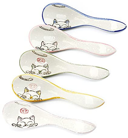 Mozacona Suppenlöffel aus Keramik, japanische Glückskatze, handbemalt, Dessertlöffel, 5 Stück