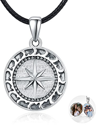 TANGPOET Herren Medaillon Halskette mit bild 925 Sterling Silber Kompass Foto Medaillons zum öffnen Anhänger Schmuck Amulett für Frauen Mädchen Familie