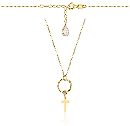 Goldene Damen Halskette 585 14k Gold Gelbgold Kette mit Anhänger Kreuz Zirkonia Gravur