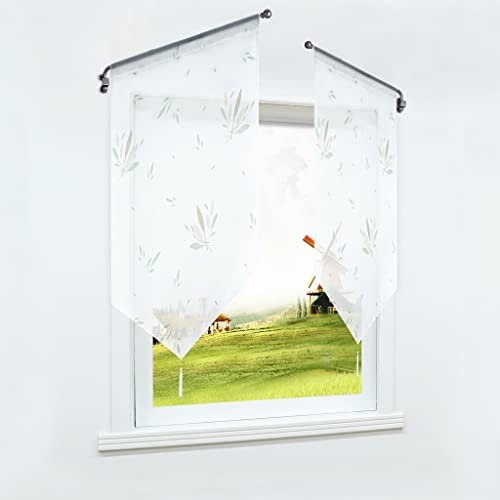 CORLIF Scheibengardine mit Tunnelzug Voile Transparente Bistrogardinen mit Quaste Panneaux Fenster Gardinen Kurzstores Bambus-Blatt-Muster Weiß BxH 60x90cm 1er Pack