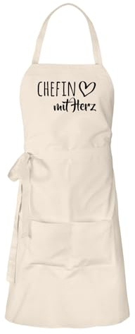 Huuraa Schürze Chefin mit Herz Geschenk | Latzschürze Baumwolle Kochschürze mit Motiv Geschenkidee verstellbare Grillschürze mit langen Bändern