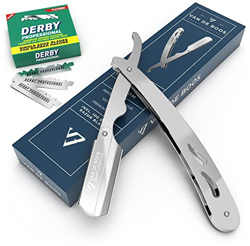 Van De Boos® Rasiermesser-Set mit 100 Derby Wechselklingen - Hochwertiges Edelstahl Bartmesser mit extra scharfen Klingen für eine präzise Bart-Nassrasur (Chrom Silber + 100 Derby Professional)