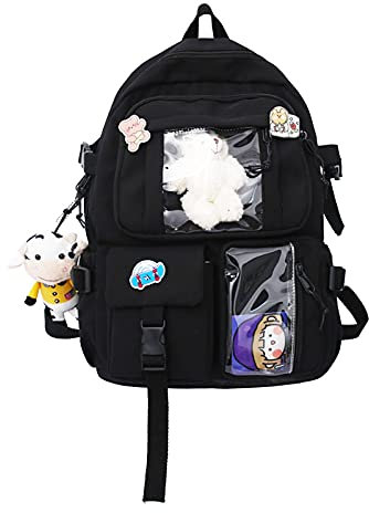 NICOLE & DORIS Rucksack Damen Niedlicher Schulrucksack Daypack Kawaii Rucksack Reise mit Mehreren Taschen und Plüschpuppen College Backpack für Mädchen Schwarz