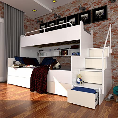 Marlux-Meble Hochbett Kinderbett JSM-3 mit Treppe 80x190 + 120x190 Hochglanz Kinderbetten Funktionsbett Etagenbett Stockbett Kinderhochbett Jugendhochbett (Beige Glanz)