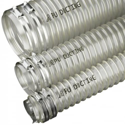 65mm Diameter Flexible Polyurethane Ducting Dust & Fume Extraction, Woodworking + Hose Clips - 2 Metre