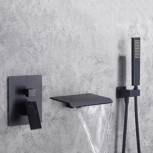 XJTNLB Badewannenarmatur Schwarz Wasserfall mit Brause Wandmontiert Einhebelmischbatterie Mischbatterie Badewanne Unterputz mit Handbrause,Schwarz